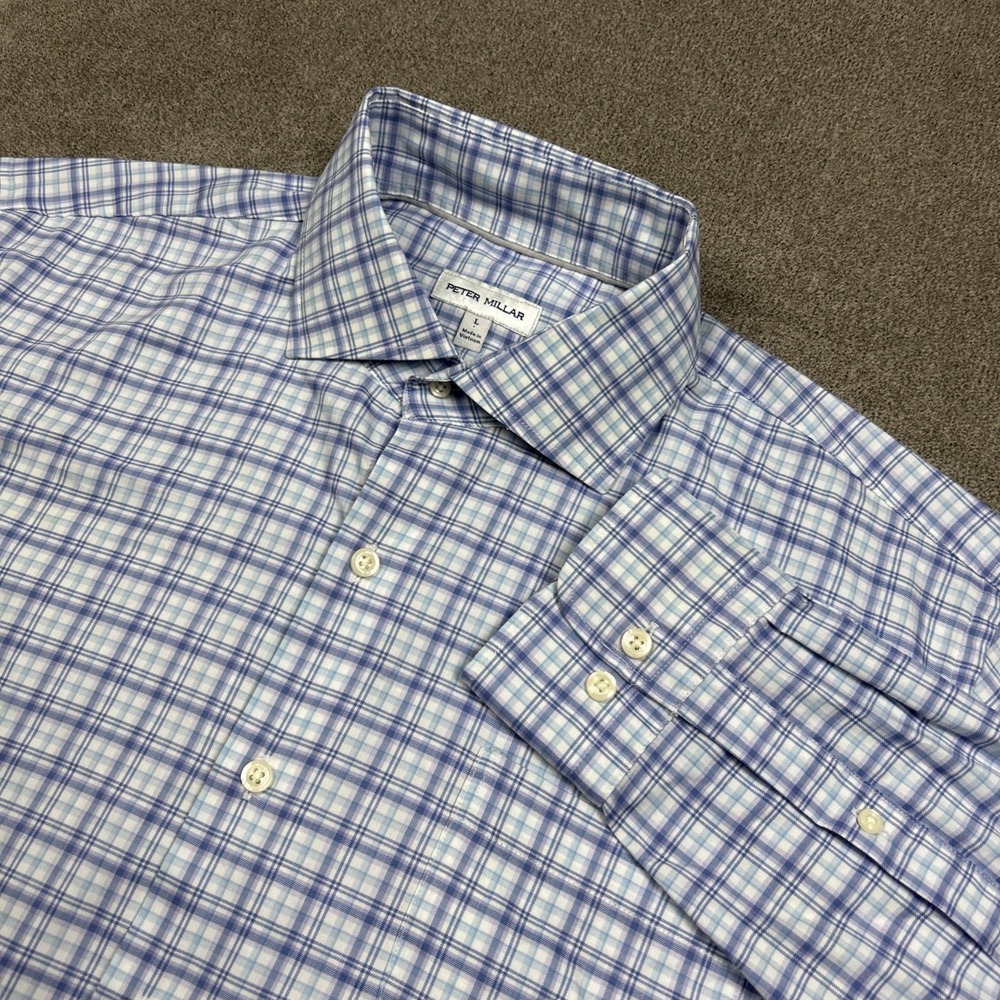 Peter Millar Button Up Shirt Mens Large Performance Fabric Blue Purple Plaid